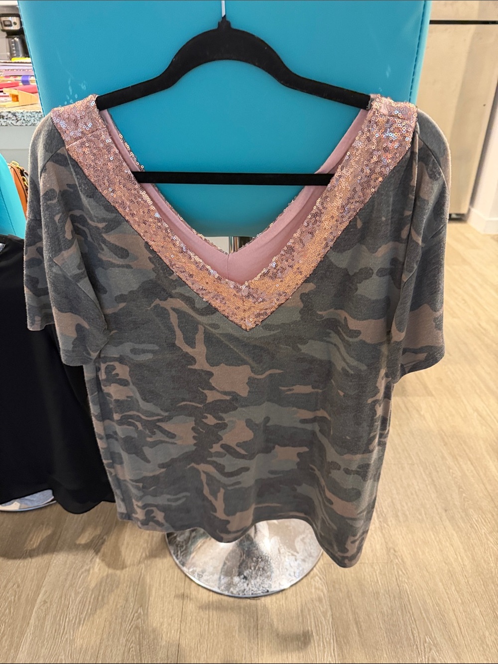 BiBi Camo Short Sleeve V-Neck Top with Pink Sequin Trim